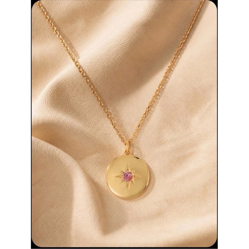 KS New York Peace Medallion Starburst‎ Pink CZ Goldtone Necklace